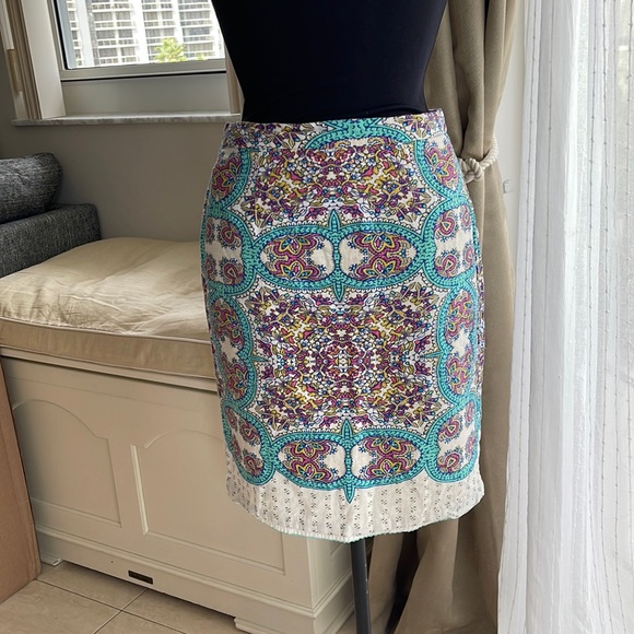 Maeve Anthropologie Aztec Print Lined Linen Blend Skirt Size 4 blue Yellow Pink - Picture 1 of 4